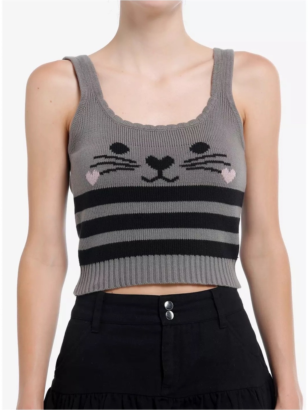 Sweet Society Cat Face Knit Tank Top Gray Stripe Kawaii Coquette Cutecore Size L